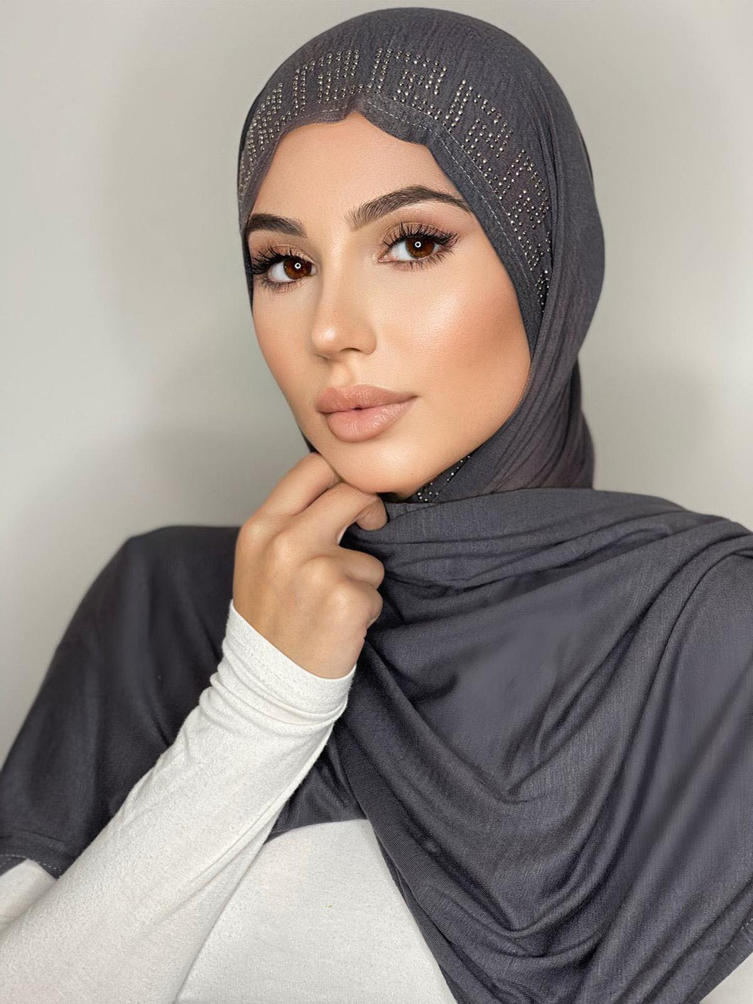 Grey Crystal Cotton Mandel Hijab
